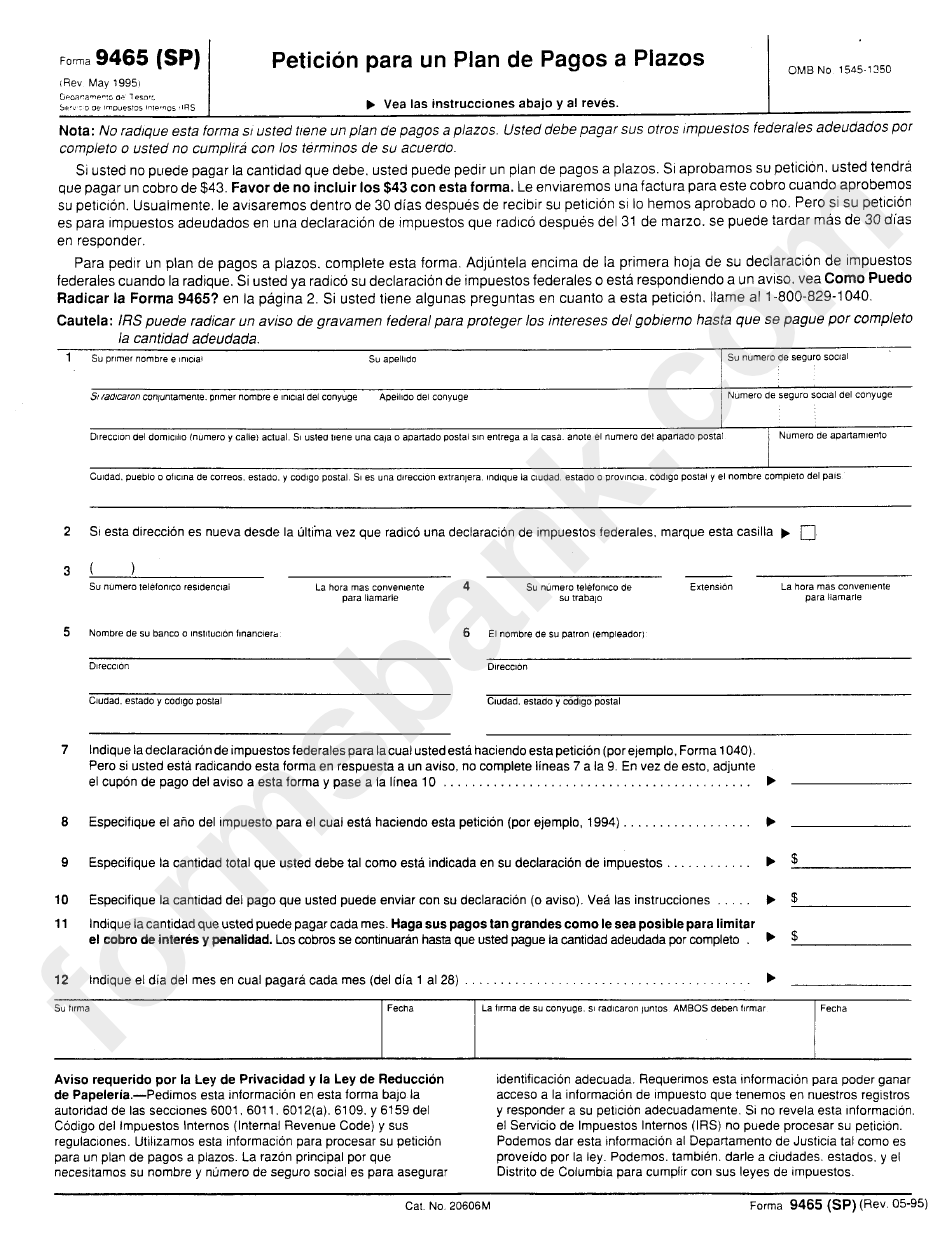 Form 9465 (Sp) - Peticion Para Un Plan De Pagos A Plazos