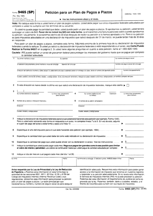 Form 9465 (Sp) - Peticion Para Un Plan De Pagos A Plazos Printable pdf