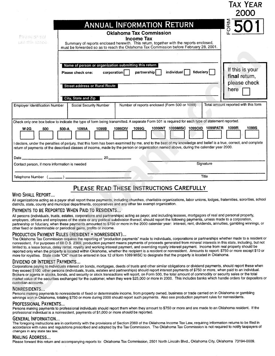 Form 501 - Annual Information Return - Oklahoma Tax Comission Income Tax