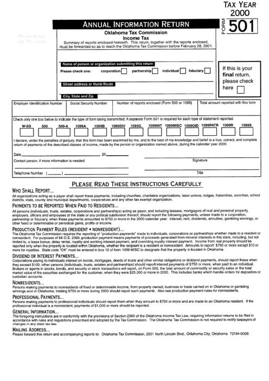 Form 501 - Annual Information Return - Oklahoma Tax Comission Income Tax Printable pdf