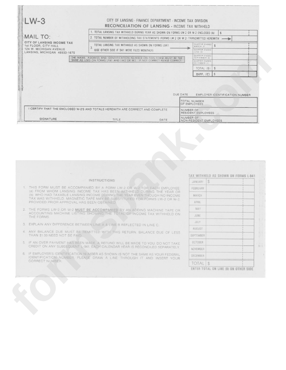 Form Lw-3 - Reconciliation Of Lansing - Finance Department City Of Lansing
