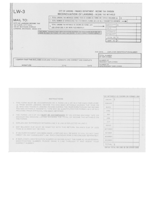 Form Lw-3 - Reconciliation Of Lansing - Finance Department City Of Lansing Printable pdf