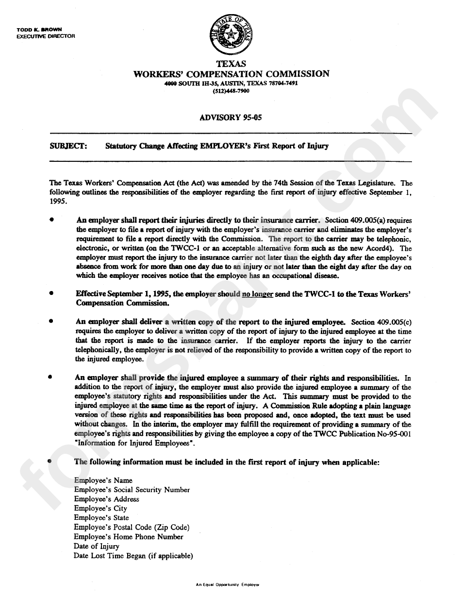 Form Twcc-1 - Instructions For Employers First Report Of Injury Or Illness - Texas Workers