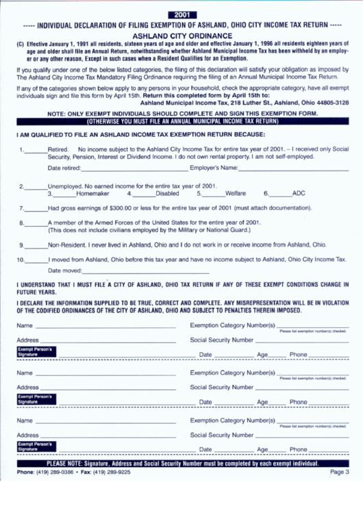 Individual Declaration Of Filing Exemption Of Ashland Ohio City Income 