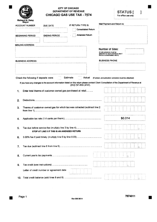 Form 7574 - Chicago Gas Use Tax - Department Of Revenue Printable pdf