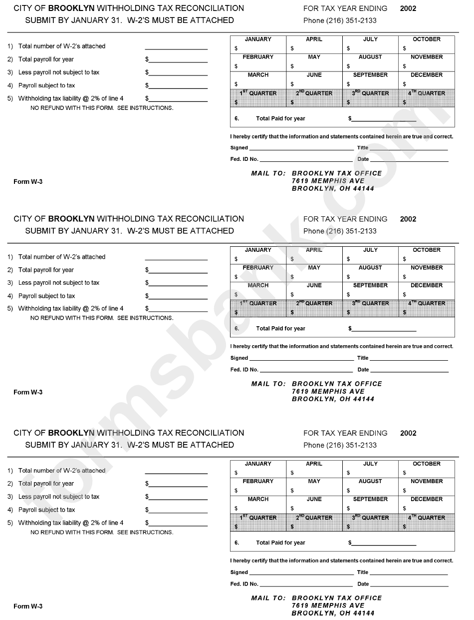 Form W-2 - Withholding Tax Recognition - City Of Brooklyn