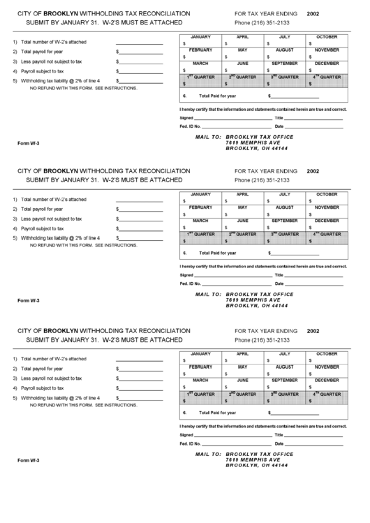Form W-2 - Withholding Tax Recognition - City Of Brooklyn Printable pdf