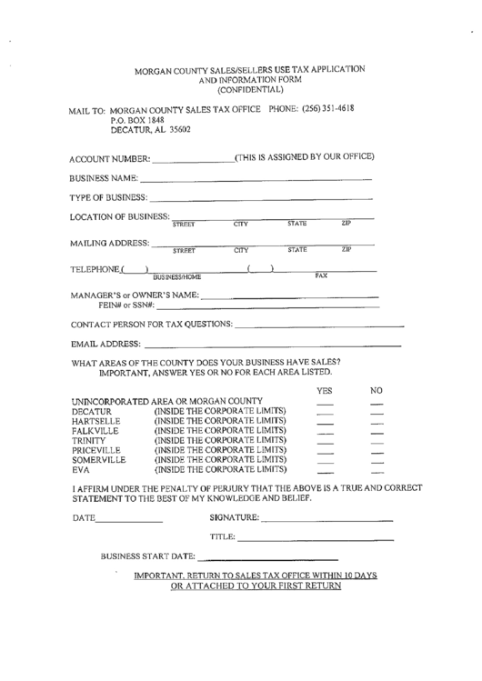 Morgan Country Sales/sellers Use Tax Application And Information Form - Morgan County Sales Tax Office Printable pdf