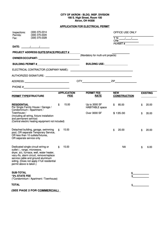 Application For Electrical Permit Form - City Of Akron - Bldg. Insp. Division Printable pdf