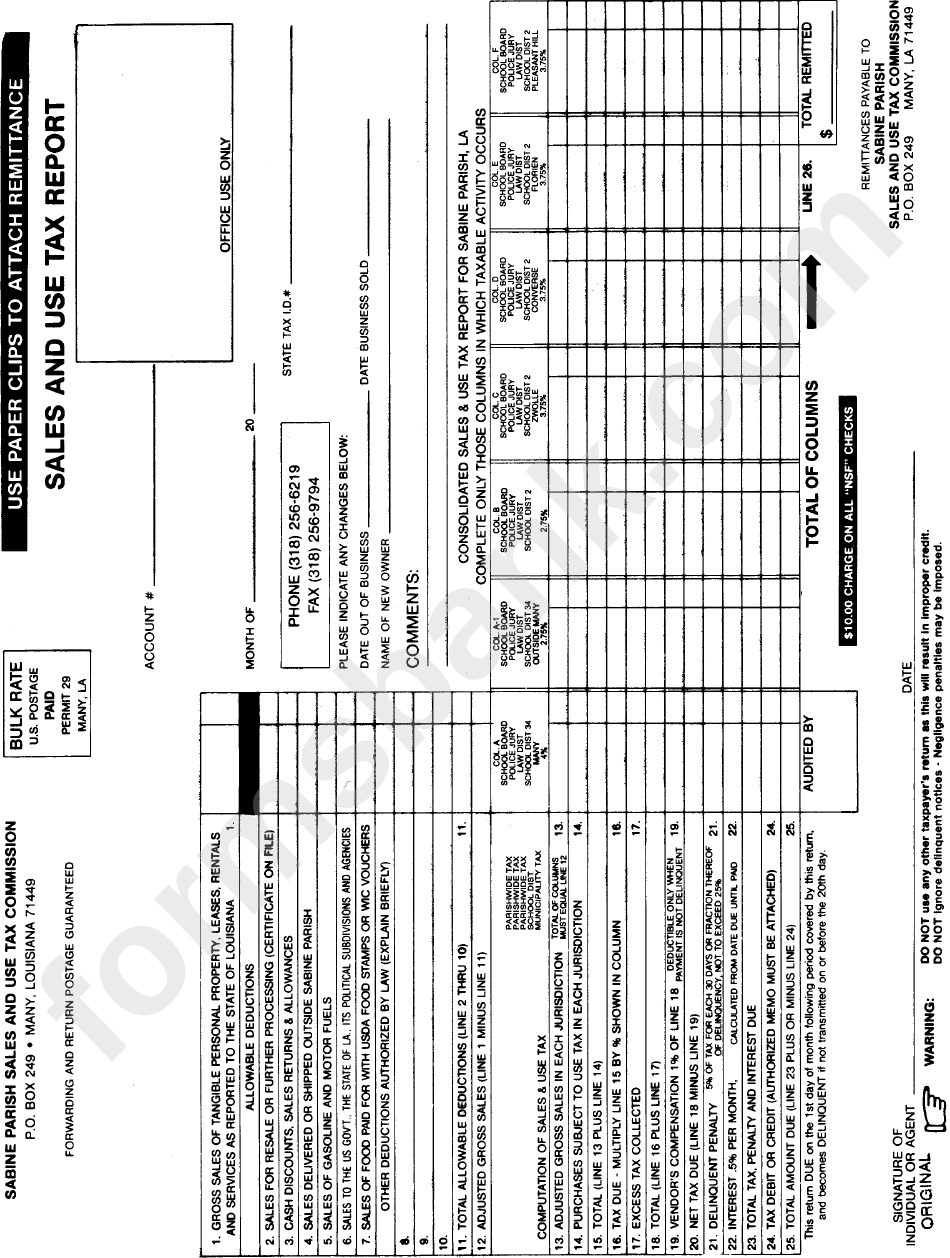 Sales And Use Tax Report Form - Sabine Parish Sales And Use Tax Commission