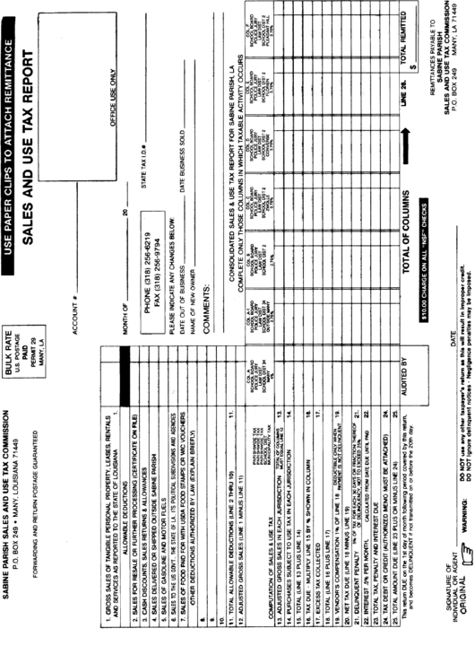 Sales And Use Tax Report Form - Sabine Parish Sales And Use Tax Commission Printable pdf