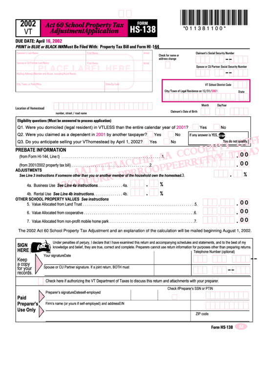 Form Hs-138 - School Properly Tax Adjustment Application 2002 Printable pdf