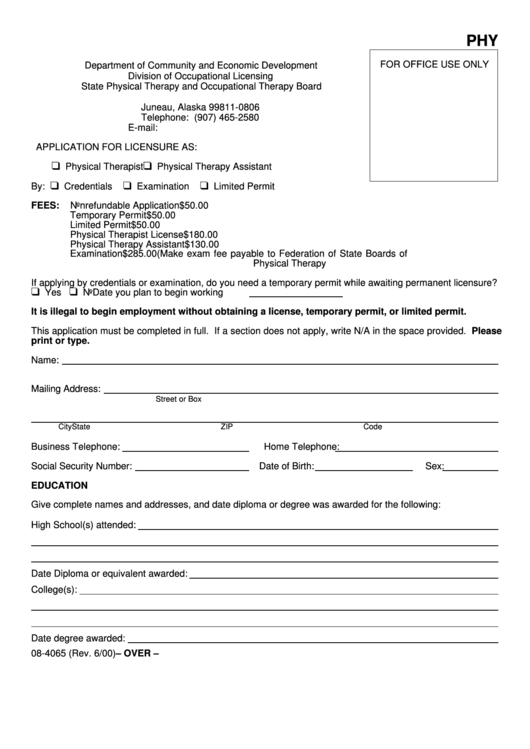 Application For Licensure Form - 2000 Printable pdf