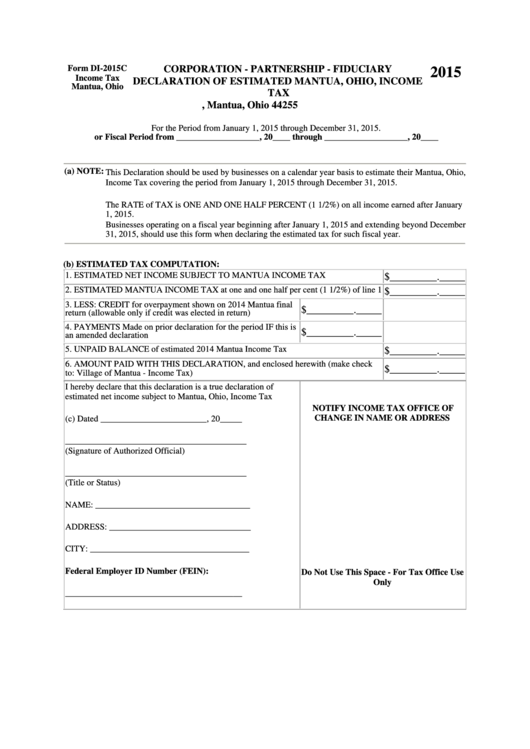 Form Di-2015c - Corporation - Partnership - Fiduciary Declaration Of Estimated Mantua, Ohio, Income Tax - 2015 Printable pdf