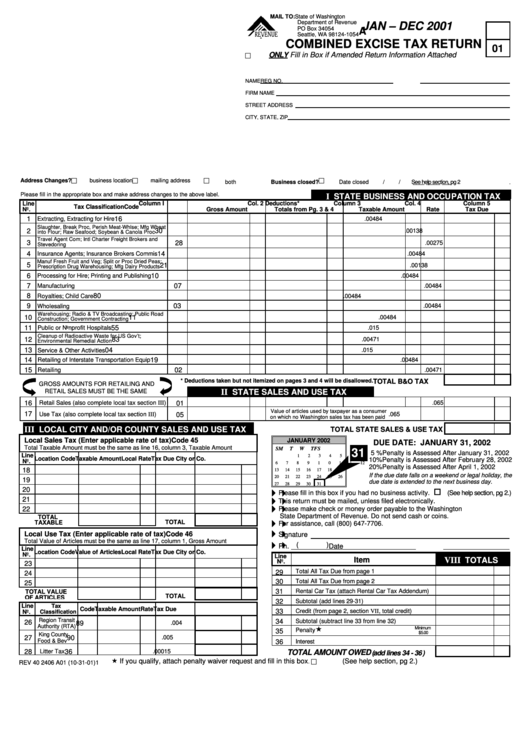 Combined Excise Tax Return Form - Jan - Dec 2001 Printable pdf