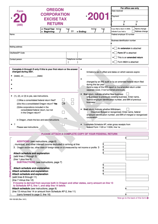 Form 20 Final - Oregon Corporation Excise Tax Return - 2001 Printable pdf