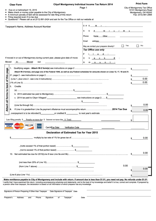 Fillable City Of Montgomery Individual Income Tax Return - 2014 Printable pdf