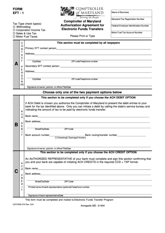 Form Eft-1 - Authorization Agreement For Electronic Funds Transfers - 2001 Printable pdf
