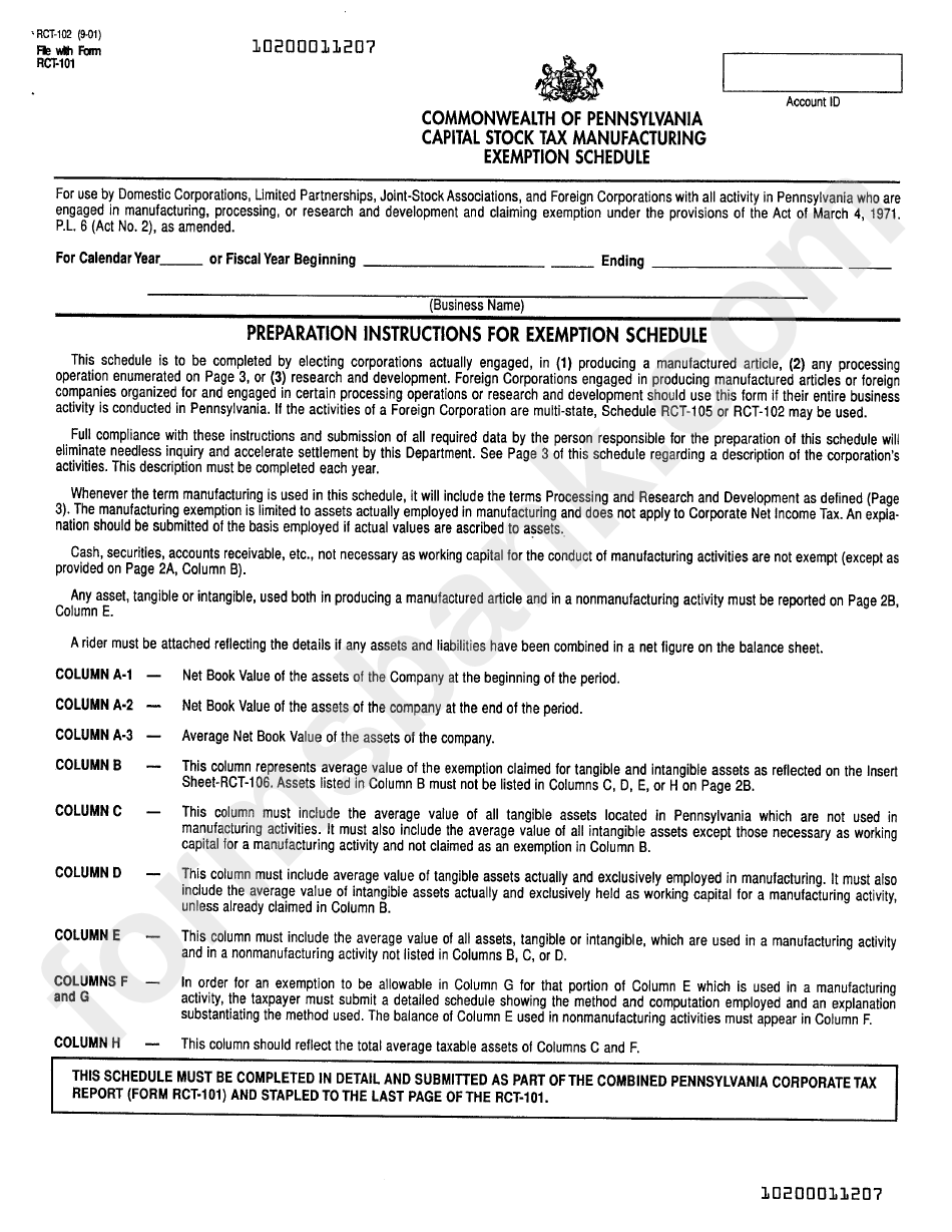 Form Rct-102 - Preparation Instructions For Exemption Schedule - Commonwealth Of Pennsylvania