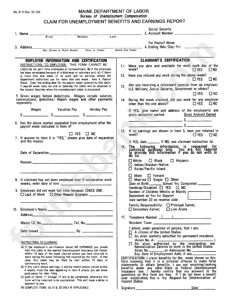 Form Me. B-9 - Claim For Enemployment Benefits And Earinings Report - Maine Department Of Labor