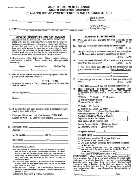 Form Me. B-9 - Claim For Enemployment Benefits And Earinings Report - Maine Department Of Labor Printable pdf
