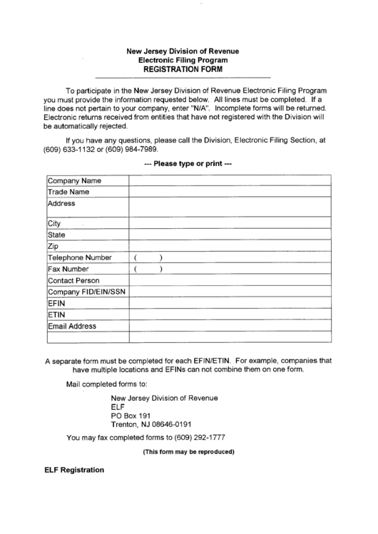 Electronic Filing Prorgam Registration Form - New Jersey Division Of Revenue Printable pdf