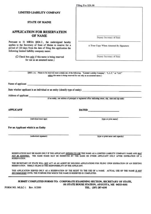 Form Mllc-L -Application For Reservation Of Name - State Of Maine Printable pdf