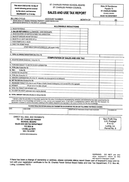 Sales And Use Tax Report Form - St. Charles Parish School Board Printable pdf
