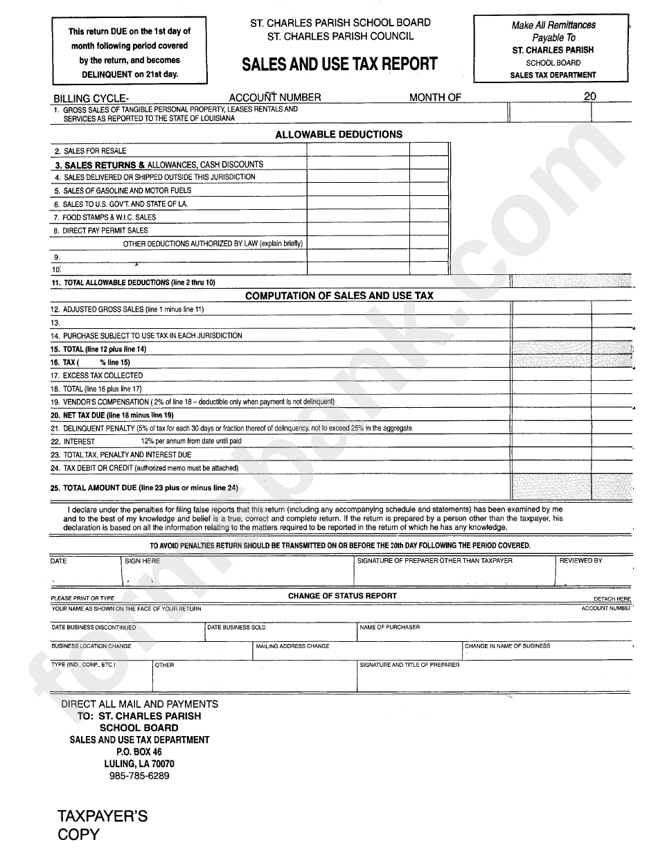 Sales And Use Tax Report Form - St. Charles Parish School Board