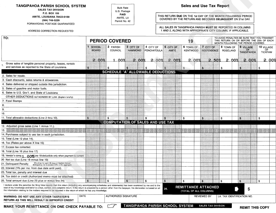 Sales And Use Tax Report Form Tangipahoa Parish School System