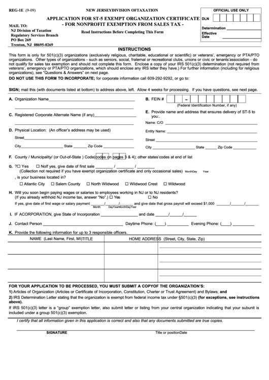 Fillable Form Reg-1e - Application For St-5 Exempt Organization Certificate For Nonprofit Exemption From Sales Tax Printable pdf