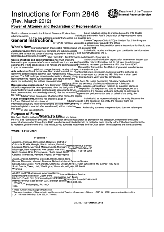 Instructions For Form 2848 - Power Of Attorney And Declaration Of Representative - 2012 Printable pdf