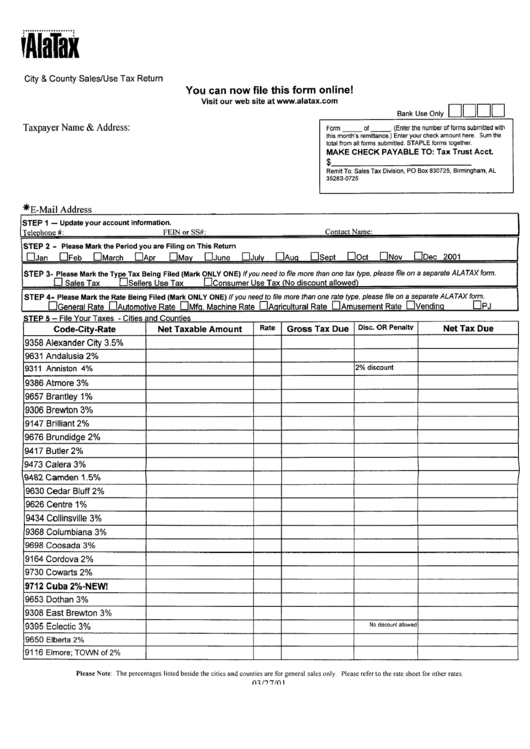 City & County Sales/use Tax Return Form - Alatax Printable pdf