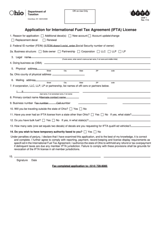 Fillable Form Ohif 1 - Application For International Fuel Tax Agreement (Ifta) License Form - 2010 Printable pdf
