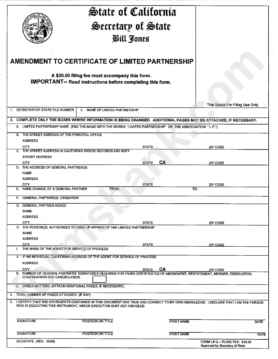 Form Lp-2 - Amendment To Certificate Of Limited Partnership