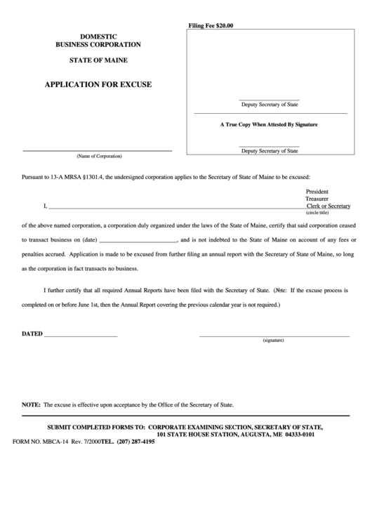 Form Mbca-14 - Application For Excuse - 2000 Printable pdf