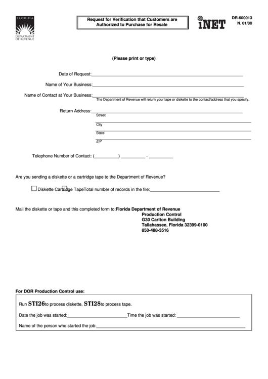 Form Dr-600013 - Request For Verification That Customers Are Authorized To Purchase For Resale - 2000 Printable pdf