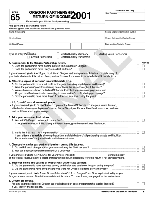 Form 65 - Oregon Partnership Return Of Income - 2001 Printable pdf