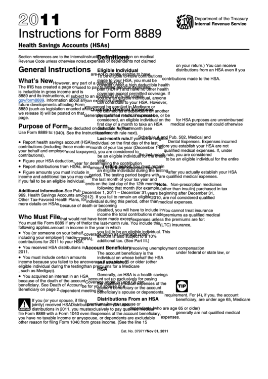 Instructions For Form 8889 - Health Savings Accounts - 2011 Printable pdf