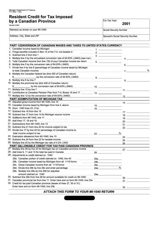 Form 777 - Michigan Resident Credit For Tax Imposed By A Canadian Province - 2001 Printable pdf