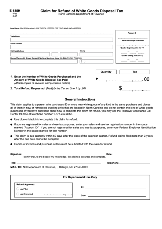 Form E-585h - Claim For Refund Of White Goods Disposal Tax Printable pdf