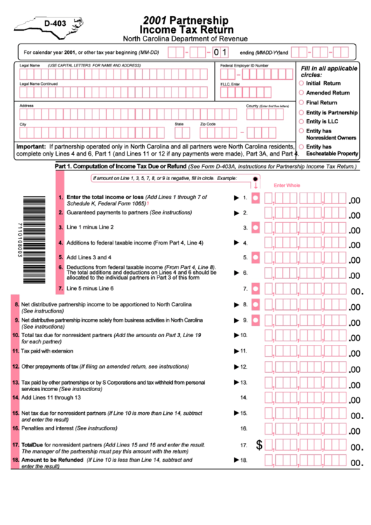 Form D-403 - Partnership Income Tax Return - 2001 Printable pdf
