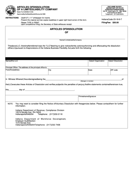 Fillable State Form 4946 - Articles Of Dissolution Of A Limited Liability Company - 2000 Printable pdf