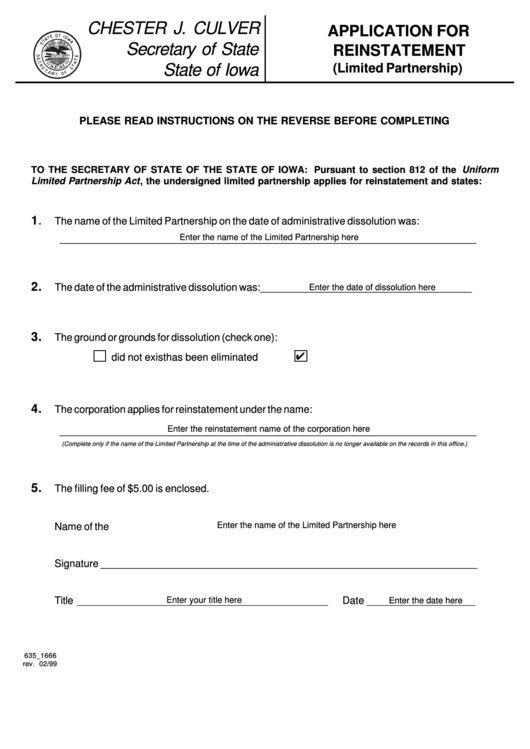 Fillable Application For Reinstatement Form - Limited Partnership - 1999 Printable pdf