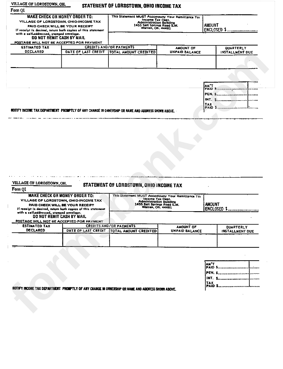 Form Q1 - Form For Statement Of Lordstown - Income Tax