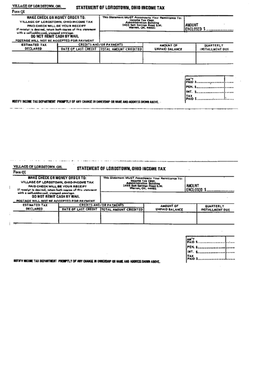 Form Q1 - Form For Statement Of Lordstown - Income Tax Printable pdf
