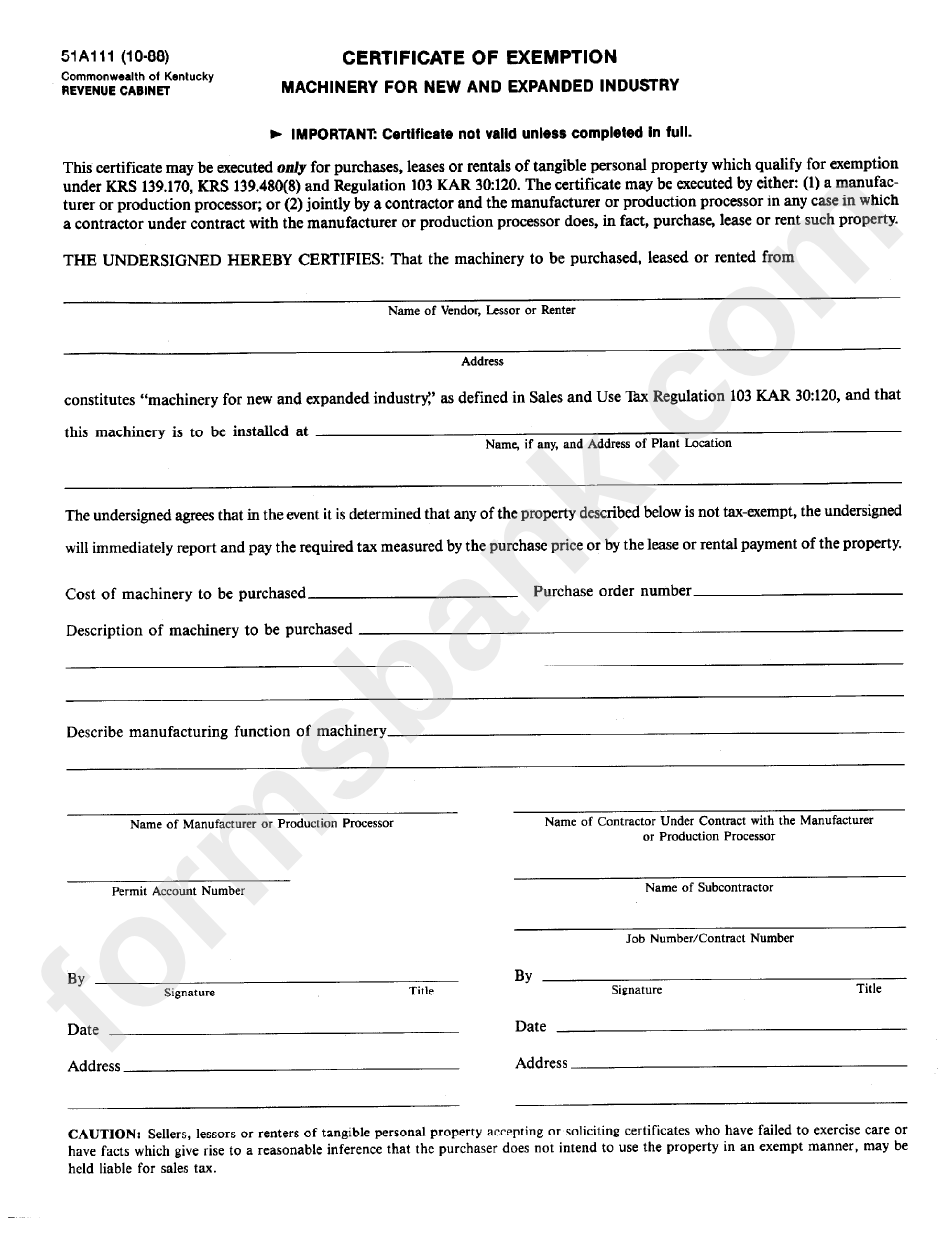 Form 51a111 - Form For Certificate Of Exemption - Machinery For New And Expanded Industry