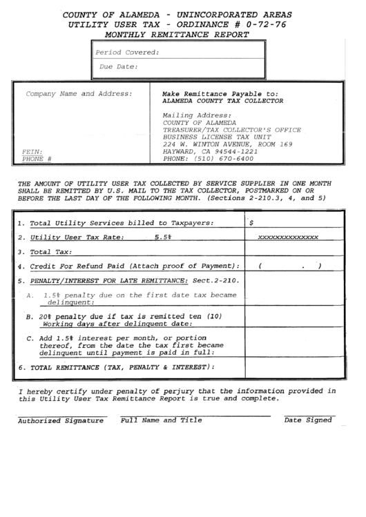 Monthly Remittance Report Form - Unincorporated Areas Utility User Tax - County Of Alameda Printable pdf