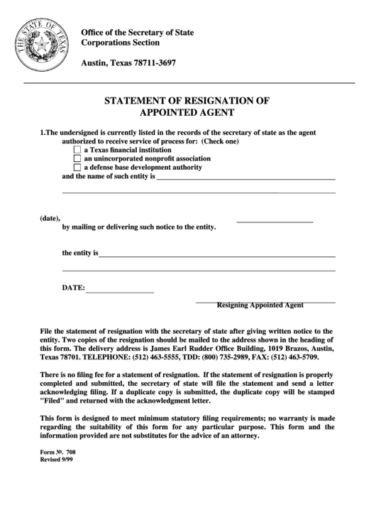 Form 708 - Statement Of Registration Of Appointed Agent Form Printable pdf