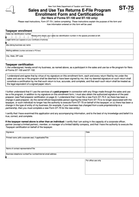 Form St-75 - Sales And Use Tax Returns E-File Program - Enrollment Form And Certifications Printable pdf